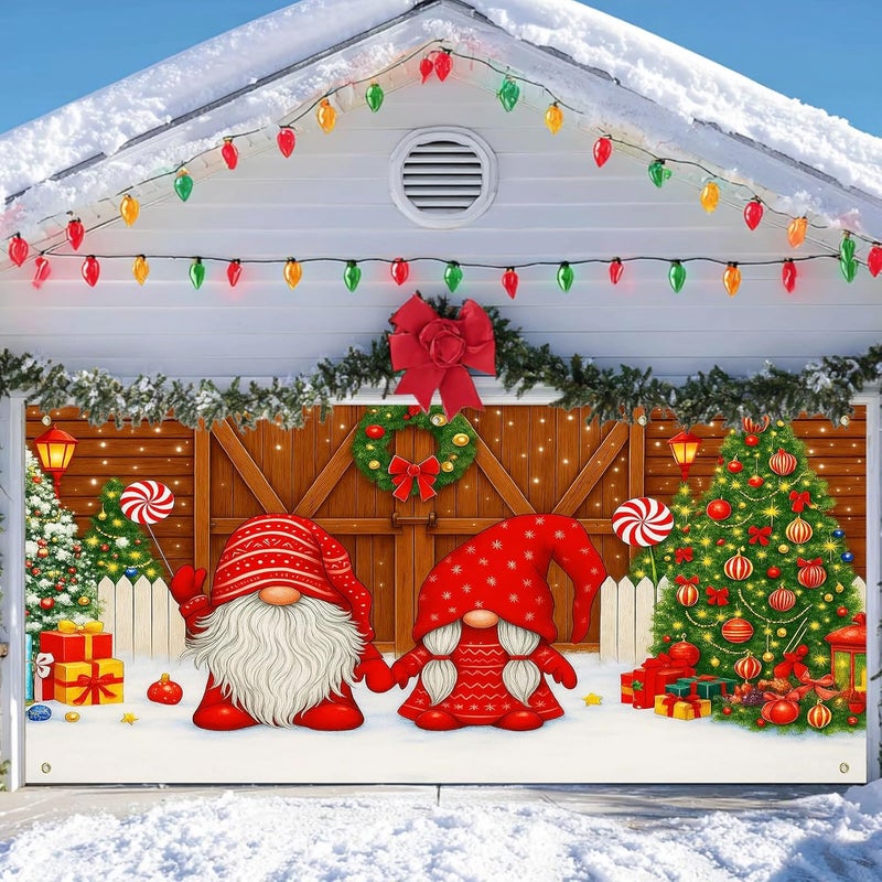 IVN Christmas Garage Door Cover Decoration 13x6ft Gnomes by Barn Doors with Tree Merry Christmas Garage Door Banner Home Door Front Yard Decor for Xmas Eve Holiday Outdoor - Image 4
